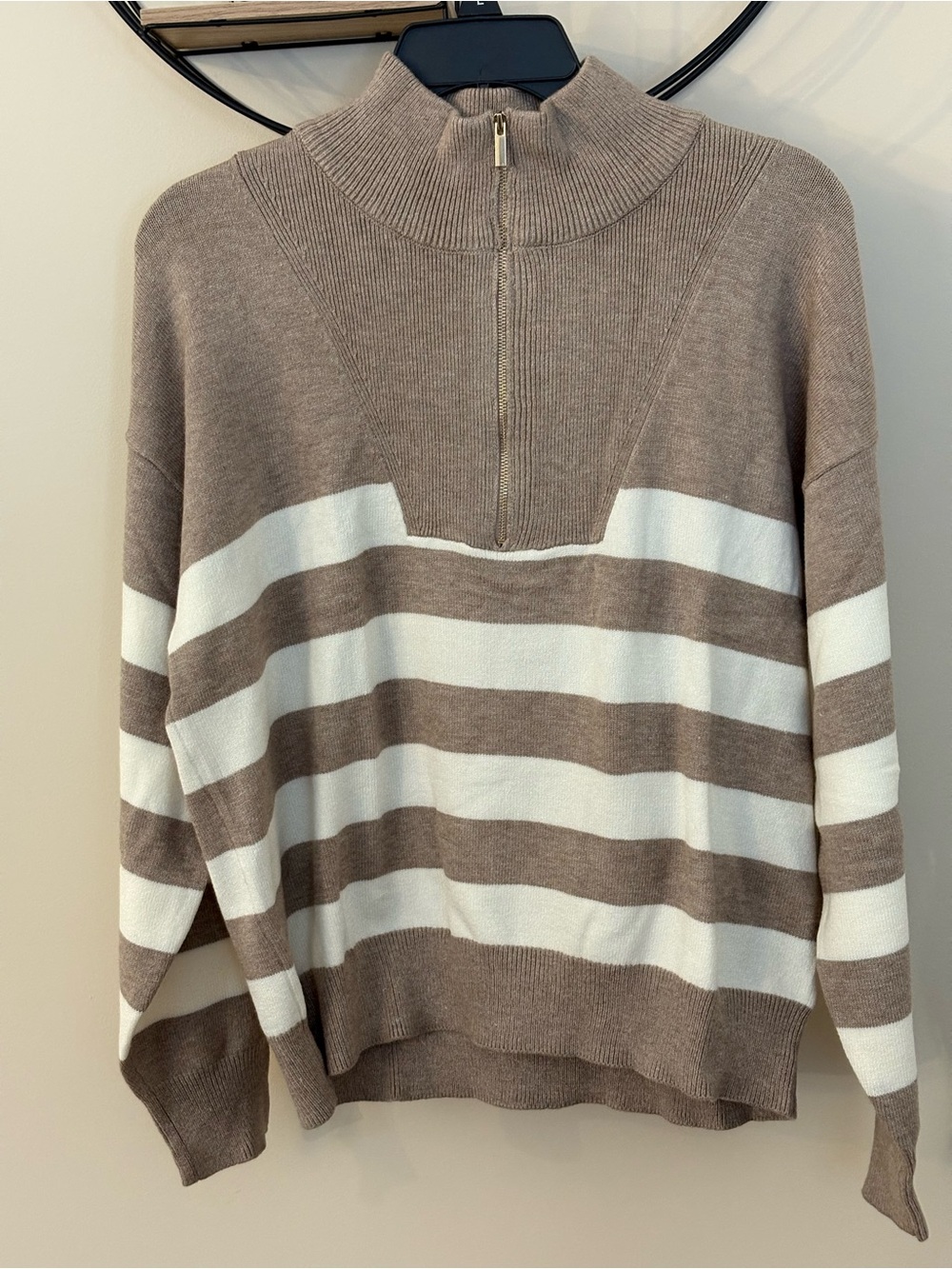 Draper James Taupe and White Striped Half-Zip Pullover